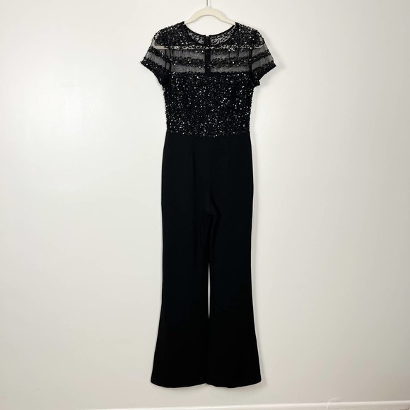 NWT Adrianna Papell Black Short Sleeve Illusion Sequin Bodice Jumpsuit Size 4 - Picture 2 of 12